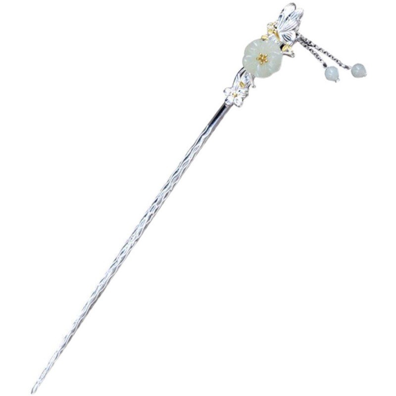 Kẹp tóc nữ phong cách Trung Quốc S925 bạc, ngọc Hetian, thỏ ngọc, phụ kiện Hanfu, mũ đội đầu
