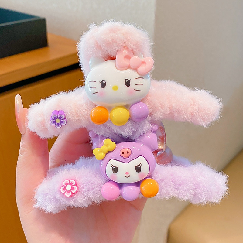 Kẹp Tóc Càng Cua Kuromi Phủ Lông Cá Mập Kẹp Trẻ Em Thu Đông Sanrio Hoạt Hình Dễ Thương Sang Trọng Kẹp