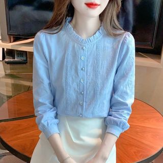Áo sơ mi nữ cổ bèo mới, chất liệu cotton nguyên chất, áo thun dệt kim thêu họa tiết jacquard thời trang