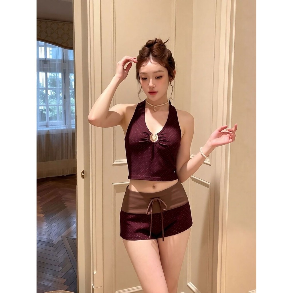 Retro Cổ Chữ V Chia Đồ Bơi Bảo Thủ Quần Short Eo Cao Kỳ Nghỉ