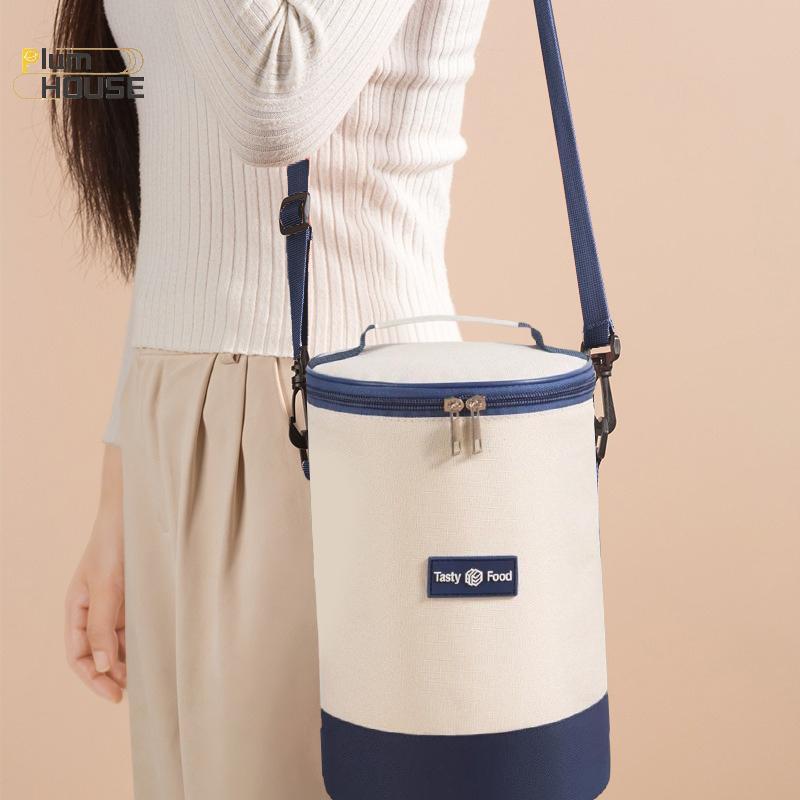 PlumHOUSE Túi Cơm Trưa Di Động Dung Tích Lớn Giữ Tươi Hình Trụ Cách Nhiệt Hộp Cơm Trưa Tote Tròn Lá Nhôm Thực Phẩm Túi Làm Mát Nhiệt VN