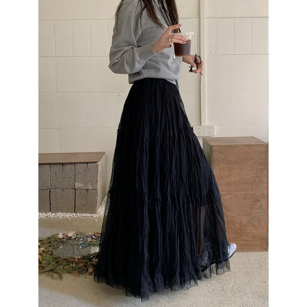 SUXI Váy Midi nữ mới mùa xuân Váy xếp nếp chữ A có chiều rộng cao giản dị 260312