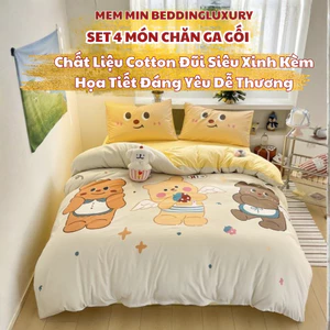 Bộ chăn ga 4 món với họa tiết hoạt hình ngộ nghĩnh, đáng yêu phù hợp với các bé MemminbeddingLuxxury