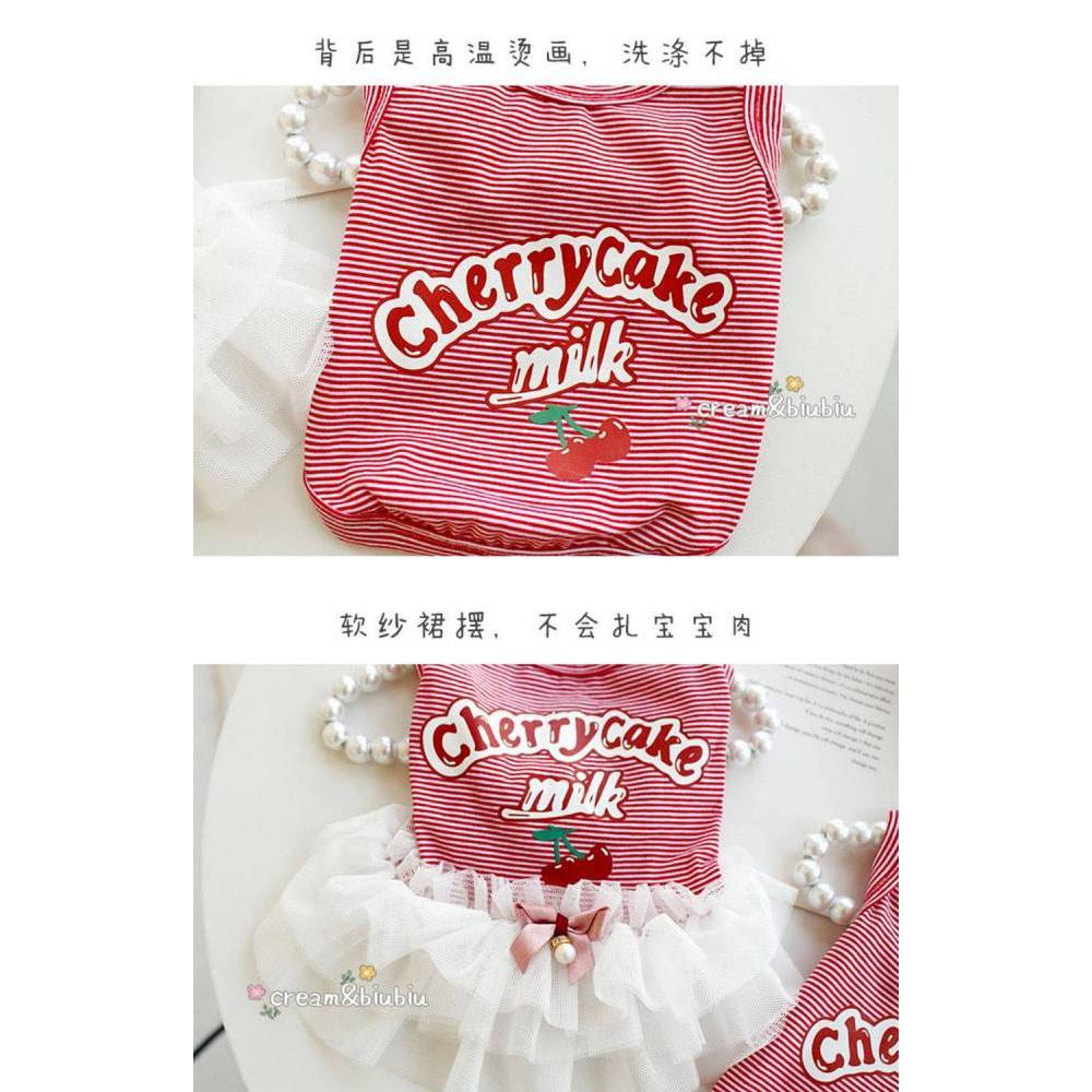【Ready Stock】 Pet Dog Cat Clothes Spring/Summer Thin Breathable Red Striped Cherry Vest Dress Couple Clothes Bichon OyPy