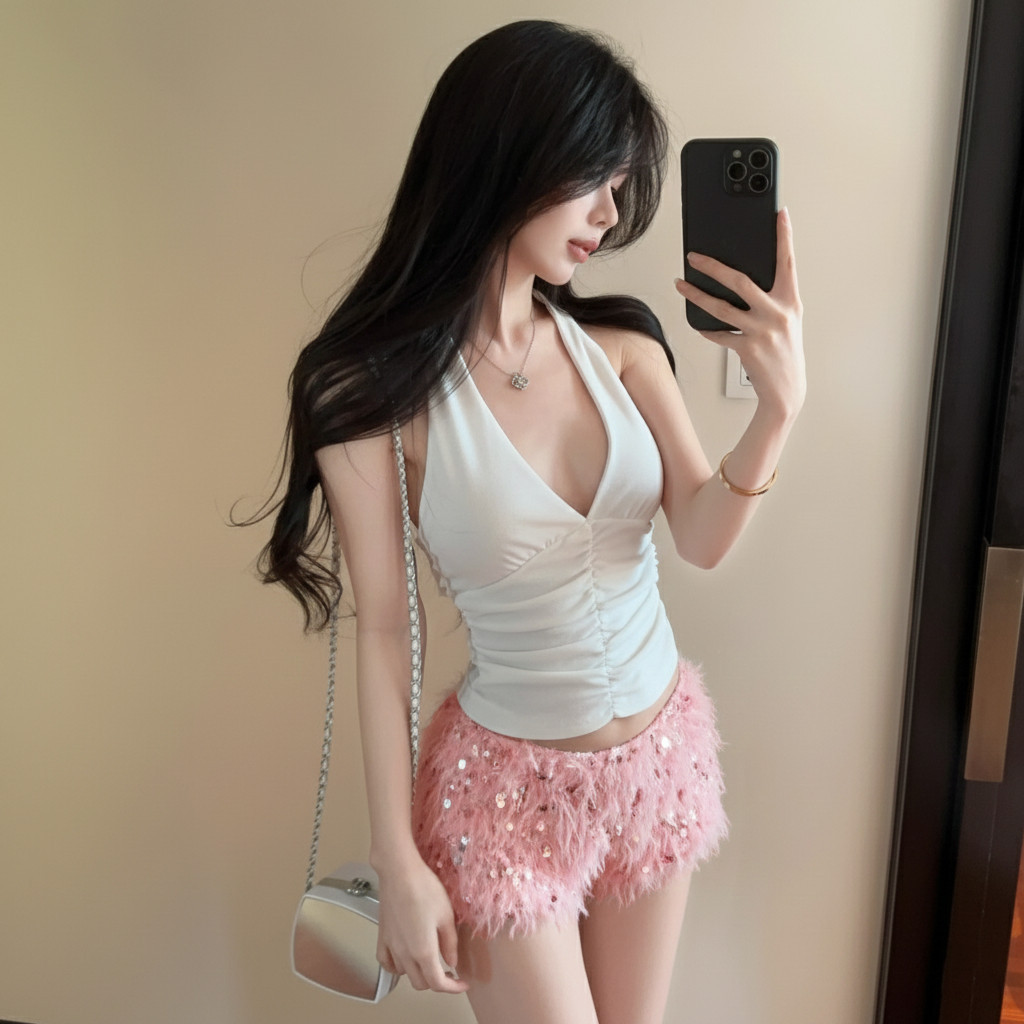 Quần Lông Kim Sa Cạp Trễ Dáng Ngắn  Style Cá Tính Q14954