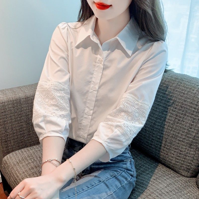 Áo sơ mi nữ cotton tay phồng, dáng rộng, che bụng, áo tay ba phần, phong cách thời trang.
