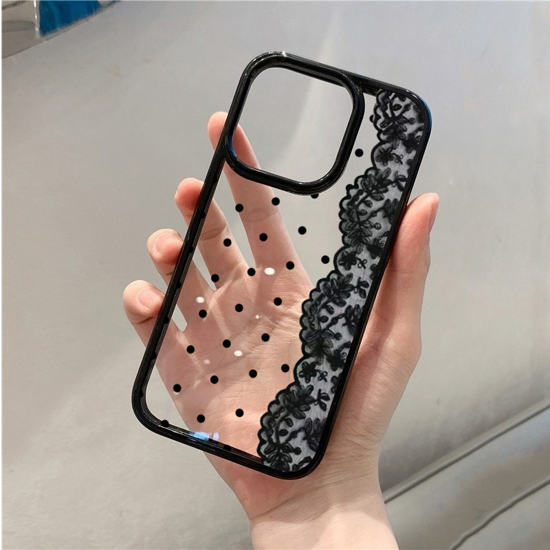 Ốp Lưng Cho iPhone 11 16 15 Pro 17 Max 16e 14 11 12 13 15 Pro XR XS Max X 7 8 Plus SE2022 Họa Tiết Ren Đen Trong Suốt Chống Sốc