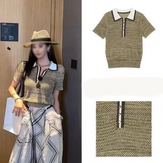 Áo len ngắn tay thời trang với ve áo và màu sắc đối lập, thiết kế độc đáo cho mùa hè