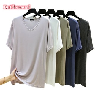 Nam Modal Rời Thường Ngày Áo Size Lớn Cổ Chữ V Tay Ngắn Áo Top Mùa Hè Mới Đồng Bằng Co Giãn Đáy Áo Sơ Mi
