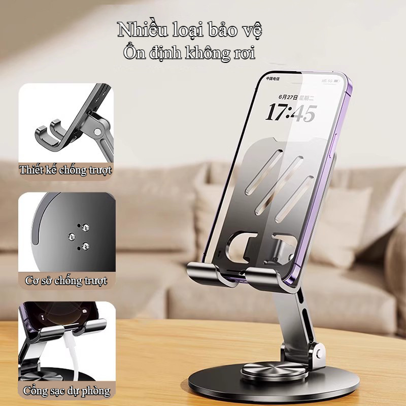 Giá đỡ điện thoại & máy tính bảng kim loại cao cấp, gập gọn, xoay 360° | Chân đỡ bàn bền vững, dùng livestream tiện lợi