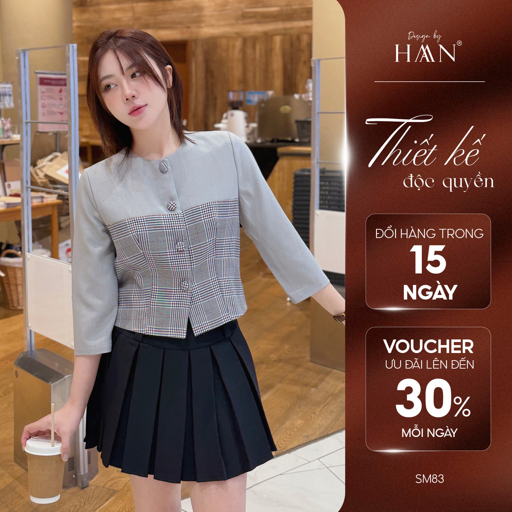Áo Sơ Mi Nữ Tay Lửng Cổ Tròn Phối Kẻ Dáng Ngắn, Sơ Mi Nữ Công Sở Kiểu Hàn Quốc Trẻ Trung - SM83