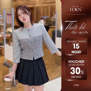 Áo Sơ Mi Nữ Tay Lửng Cổ Tròn Phối Kẻ Dáng Ngắn, Sơ Mi Nữ Công Sở Kiểu Hàn Quốc Trẻ Trung - SM83