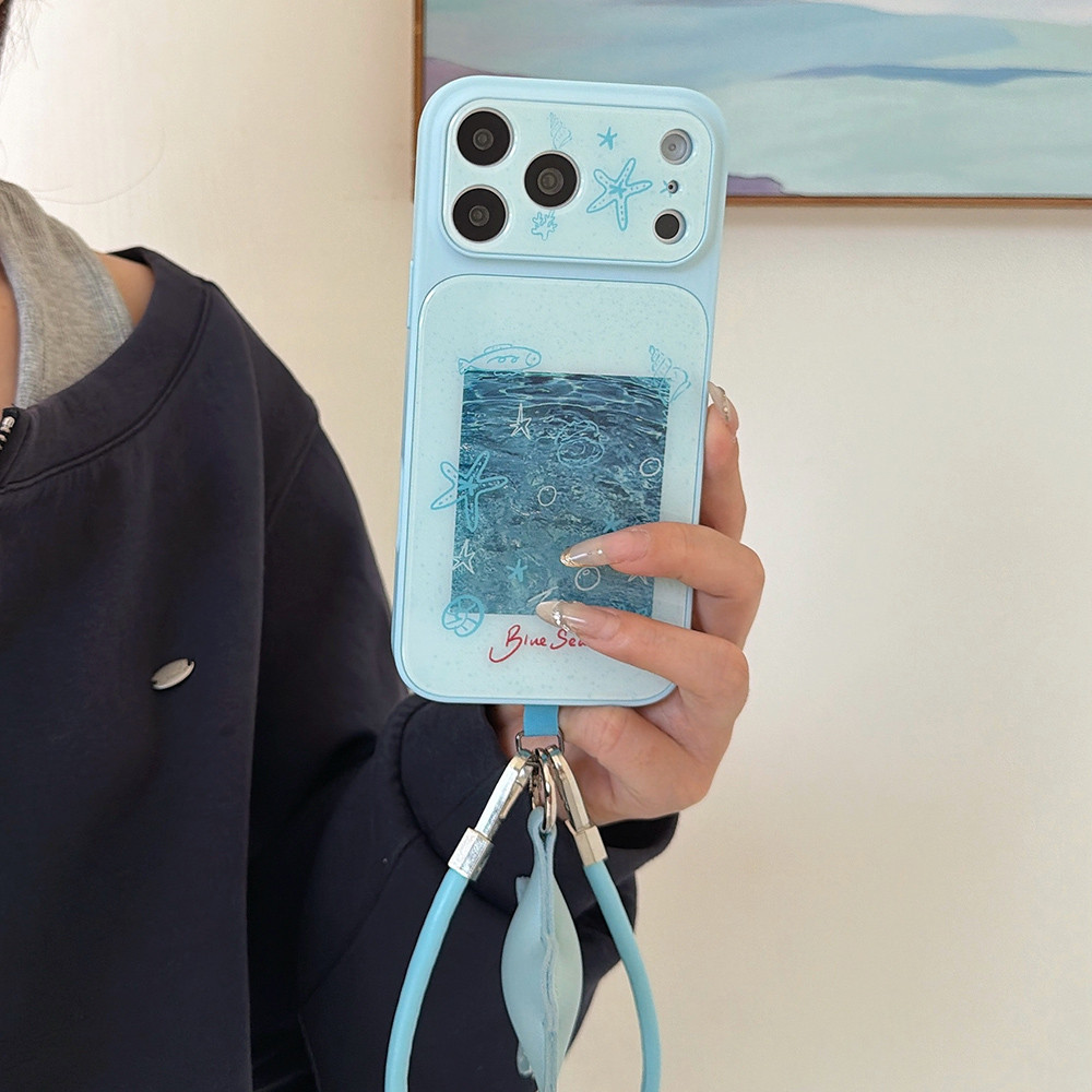 Ốp điện thoại Acrylic 2 trong 1 Blue Ocean Lines + Dây buộc cho iPhone 17 Pro Max 16 15 14 13 Vỏ bảo vệ chống sốc