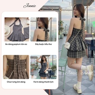 Set Áo Yếm Dáng Peplum 2 Dây Buộc Cổ Kẻ Caro Kèm Chân Váy Ngắn Chữ A Tôn Dáng Tôn Eo Mặc Đi Chơi