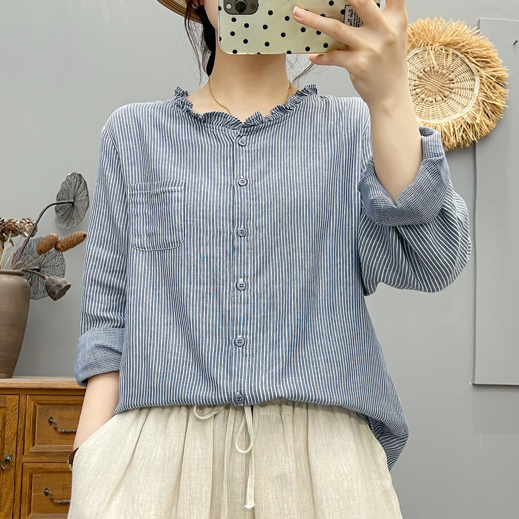 [Hàng có sẵn] Áo sơ mi nữ dài tay họa tiết sọc, chất liệu cotton, thiết kế cổ điển thoải mái