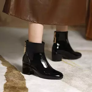 VNTMLH34-43 Kích Thước Lớn Bằng Sáng Chế Da Bóng Ngón Chân Tròn Dày Gót Phong Cách Đơn Giản Giày Bốt Ngắn Đi Lại Dây Lưng Dây Kéo Giày Ngắn Hàng Ngày