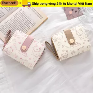 Ví ngắn ESSENCEH, Hộp đựng thẻ ID mèo dễ thương bằng da PU, Túi đựng tiền nhẹ dung tích lớn