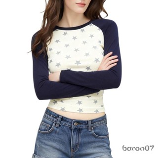 Áo thun nữ dài tay Slim Fit in hình ngôi sao màu tương phản cổ tròn cho mùa thu / mùa xuân