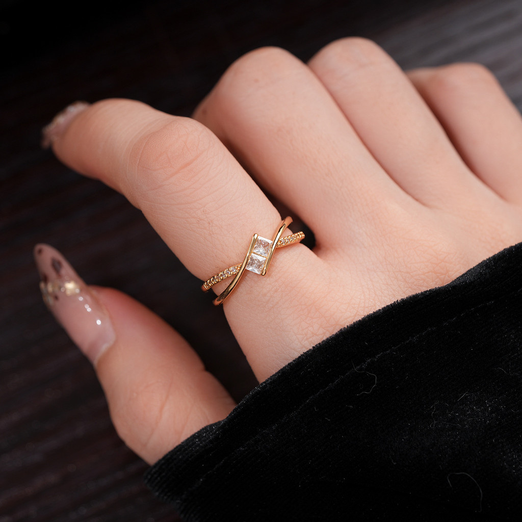 Nhẫn đeo chéo zirconia phong cách Hàn Quốc sang trọng, có thể điều chỉnh size, làm quà tặng độc đáo cho nữ