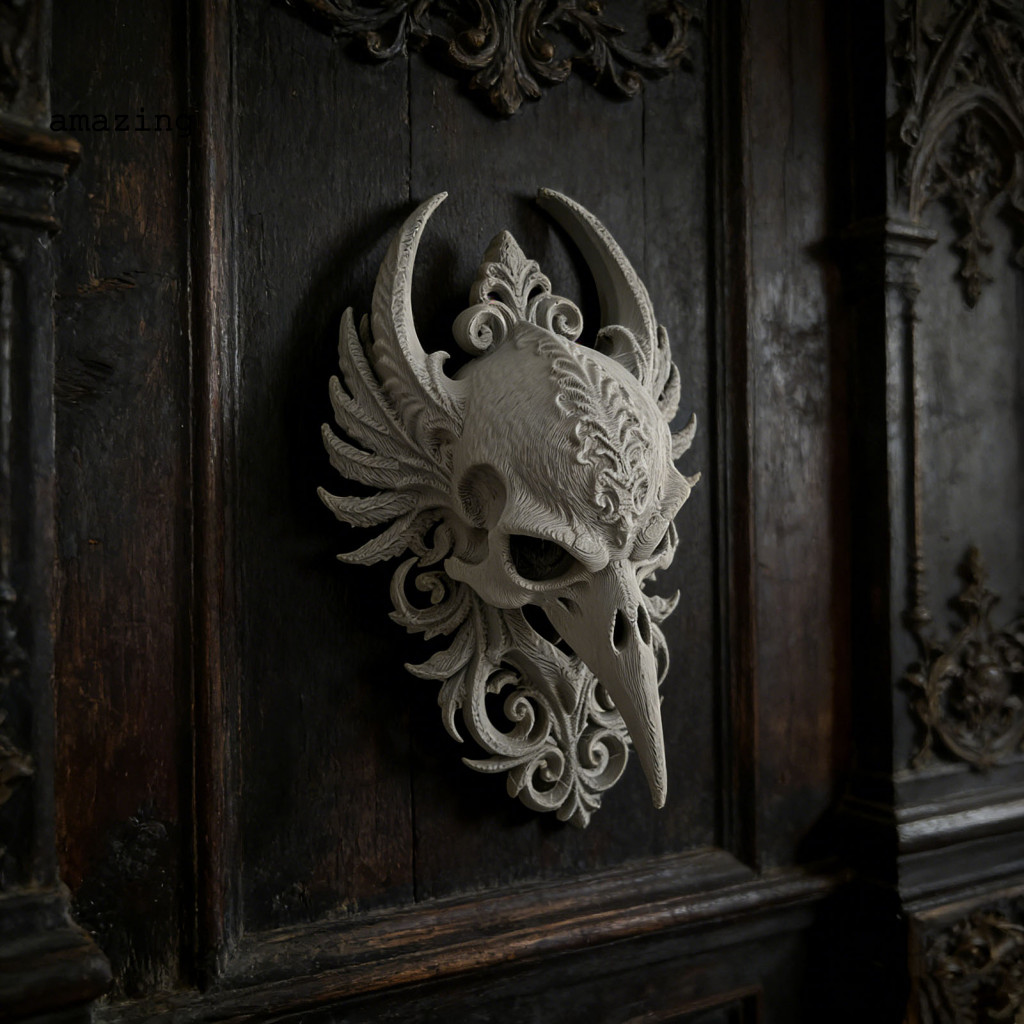 [AM] Nghệ thuật treo tường đầu lâu Raven Skull – điêu khắc trang trí phòng ngủ, Halloween, phong cách gothic, dùng cho nhà tối