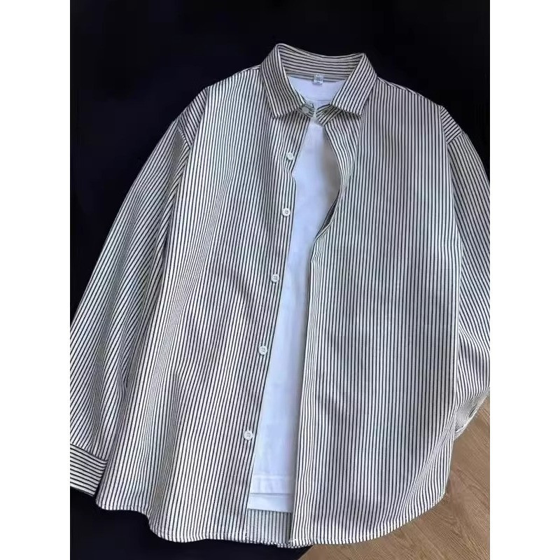 Áo sơ mi dài tay sọc vải mát mẻ dáng rộng thông thường Áo Cardigan phổ thông hàng đầu