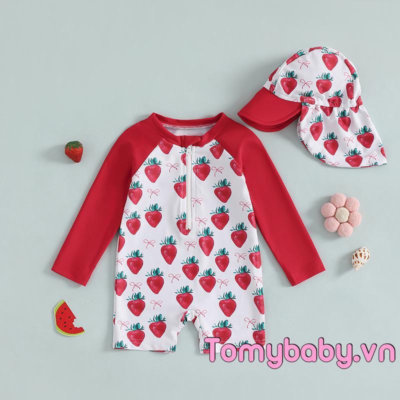 Bộ đồ bơi dài tay cho bé gái mới biết đi Họa tiết hoa / Nơ / Dâu tây có dây kéo nửa dây kéo chống đóng cọc Đồ bơi có bộ Sunhat