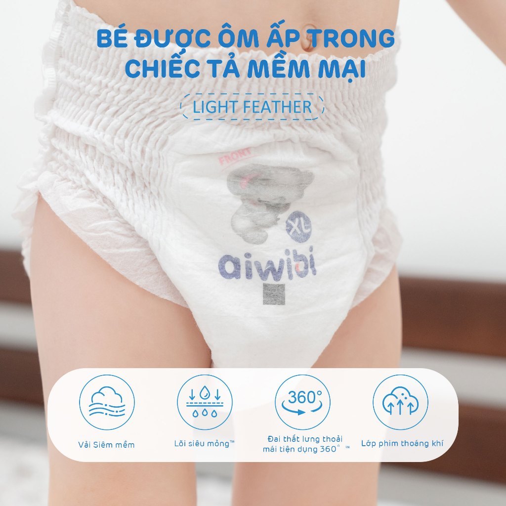 [Combo 3] Tã/Bỉm Quần Cao Cấp Aiwibi Light Feather Cho Bé Siêu Thấm Hút, Chống Tràn - Gói Lớn M/L/XL/XXL/XXXL/XXXXL