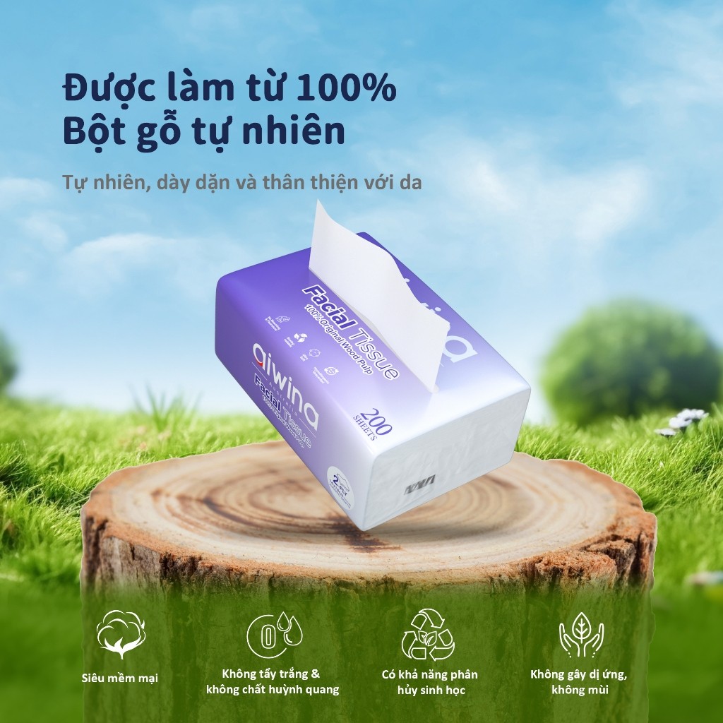 Combo 5 Gói Khăn Giấy Rút Aiwina Cao Cấp Từ Bột Gỗ Nguyên Sinh Siêu Mềm, Dịu Nhẹ Da Nhạy Cảm 200 Tờ