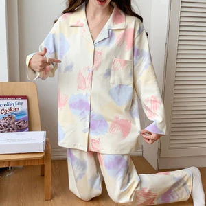 Bộ đồ ngủ mùa xuân có sẵn cho bé gái Bộ đồ Cotton có ve áo Quần dài tay rộng rãi Đồ ngủ mùa đông