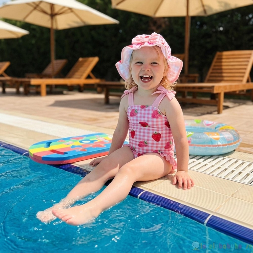 LBH-Toddler Girl Summer Strawberry / Bow / Cherry Print Áo tắm đeo vai không tay có mũ bơi