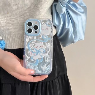 DànhCho IPhone 17 16 15 14 13 12 11 ProMax XR XS Max 7 8 Plus Dễ thương màu xanh Bowknot mèo Puff trường hợp điện thoại