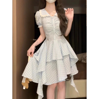 Đầm Xòe Caro Nữ Tầng Bèo,Váy Ngắn Tiểu Thư Dễ Thương,Tay Phồng Tôn Dáng,Phong Cách Hàn Quốc
