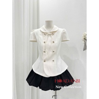 Áo Thiết Kể Cổ Sen Đính Nơ 2 Hàng Cúc Tay Hến Chiết Ly Eo Sang Chảnh. Áo peplum Cổ Sen Tiểu thư