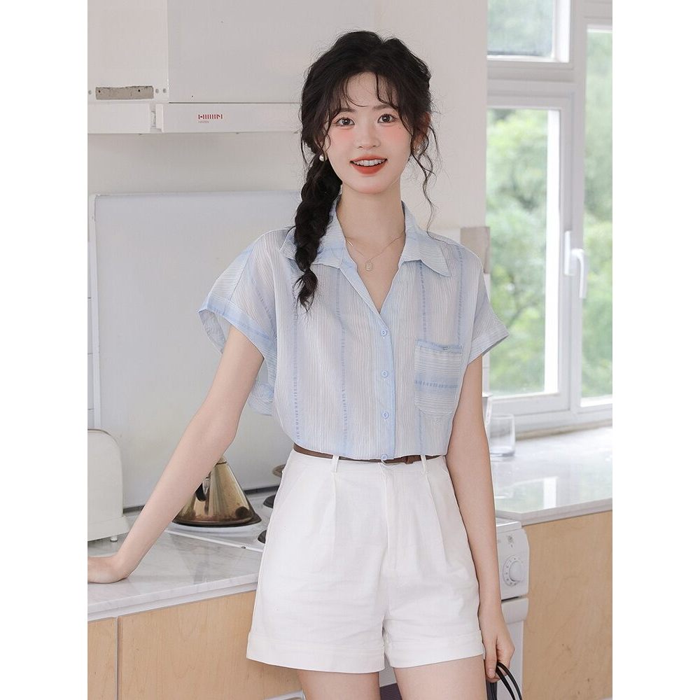 MUTU | Áo sơ mi mỏng không tay sọc kiểu Pháp