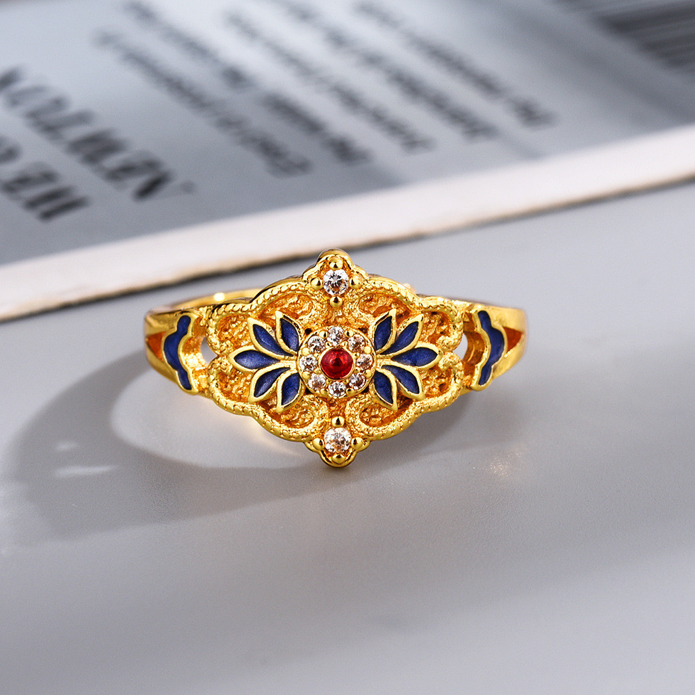 Thời trang mới cho nữ với nhẫn kiểu dáng Trung Quốc, họa tiết hoa và đá zircon sang trọng