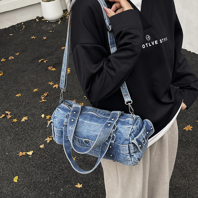 ANCO 2026 Túi xách phụ nữ Hàn Quốc Phong cách Vintage Denim Gối Túi có thể giặt nách xách tay Túi xách đơn giản Túi xách phụ nữ có thể mặc