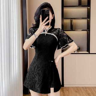 Bộ váy và quần short hai mảnh kiểu Trung Quốc, tay chuông phối ren, dáng ôm, phong cách mùa hè mới.