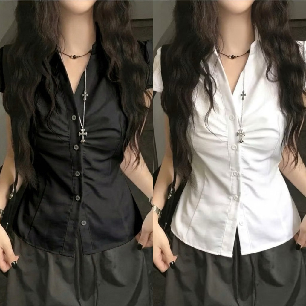 Sơ mi nữ quốc dân tay ngắn nhún bèo siêu sang trọng hợp gu chị em SMG88322