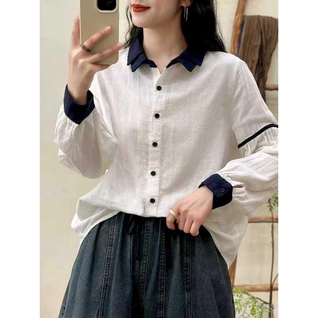 [Sẵn sàng] Áo sơ mi nữ 100% Cotton chất lượng cao Màu sắc phù hợp với áo sơ mi dài tay một ngực mùa xuân mới Skinny Top