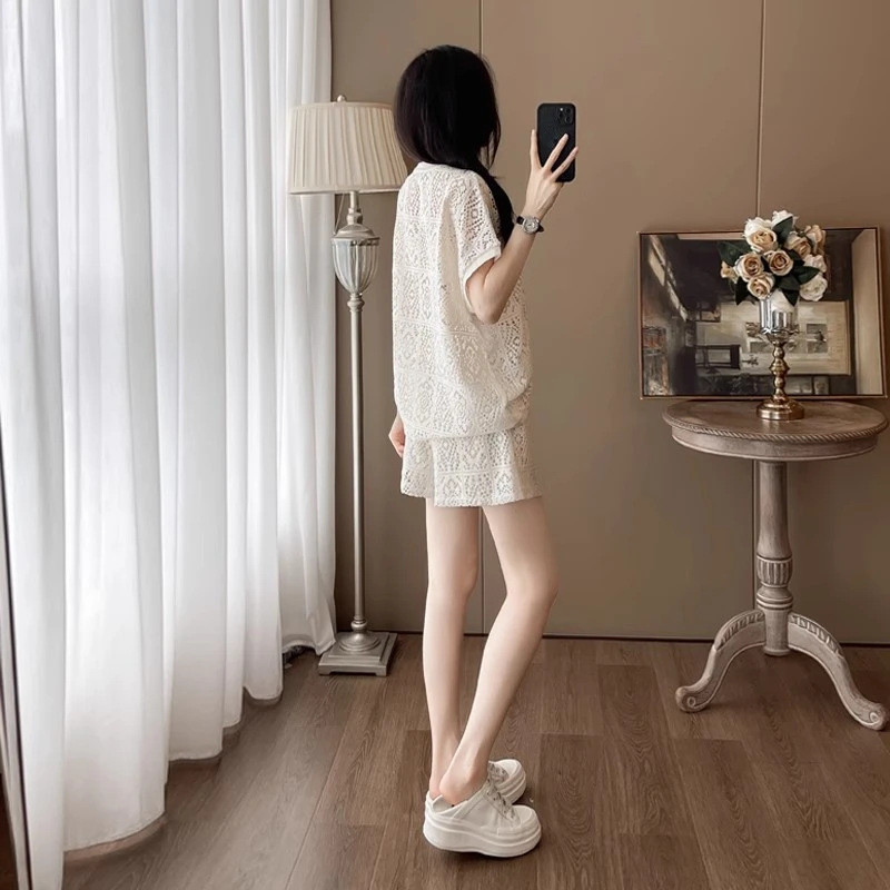 Bộ đồ ngủ ren thanh lịch kiểu Pháp dành cho nữ, bộ đồ ngủ hai mảnh tay ngắn mùa hè