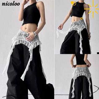 Váy Mini ren NICOLOO, Váy xù ren hoa thêu xuyên thấu, Váy xếp nếp lưng cao không đều