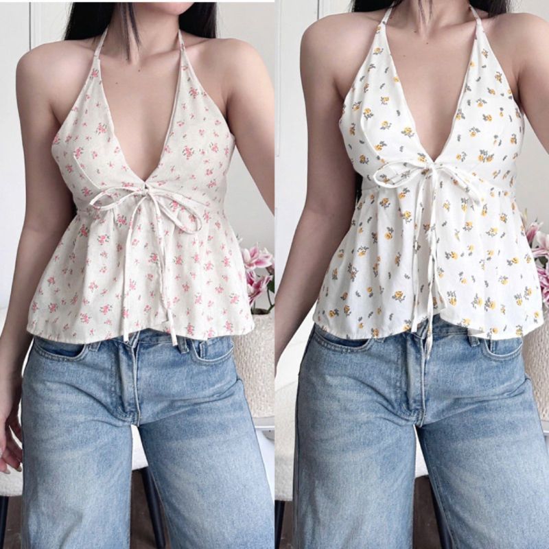 (CÓ ĐỆM) Áo Yếm Nữ Linen Hở Lưng Hoa Nhí Cột Dây đi biển mùa hè vintage m66005 - Sam Botique