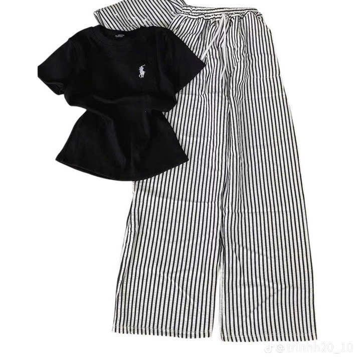 Sét bộ  quần suông đũi xốp kẻ vằn+ phối áo Phông CROPTOP in ngựa nguuc-chang3158