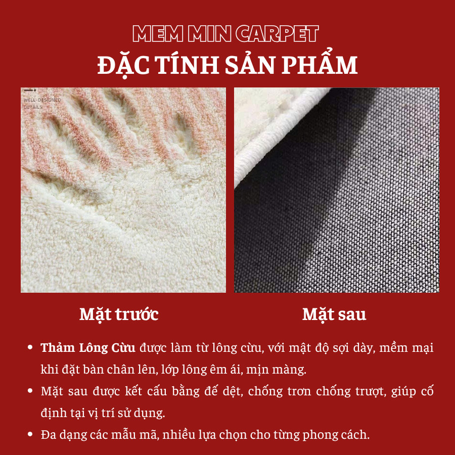 Thảm Lót Sàn, Thảm Chân Giường 50x120cm Dày Dặn Họa Tiết Sang Trọng Chất Liệu Lông Cừu Êm Ái  - MemminCarpet - TH74
