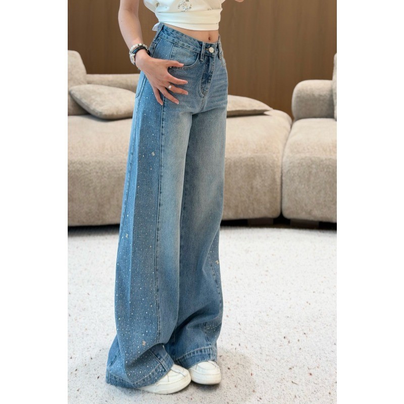 Quần jean Denim ống rộng viền kim cương cao mới dành cho nữ