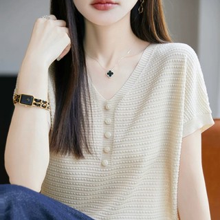 Áo len cổ chữ V tay ngắn nữ, phiên bản Hàn Quốc, phù hợp mùa hè