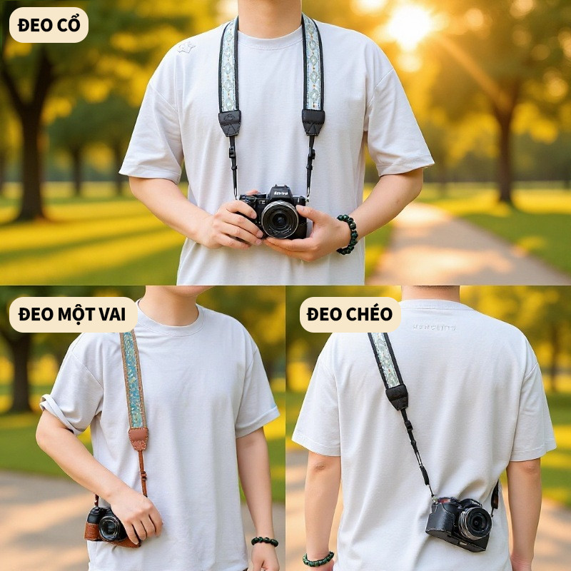 Dây Đeo Cổ Máy Ảnh Canvas Phong Cách Cổ Điển - Họa Tiết Đặc Sắc, Tặng Kèm Miếng Bảo Vệ Da
