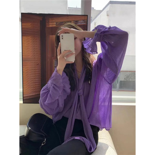 Vải Mềm Màu Tím Thoáng Khí Nơ Lớn Áo Sơ Mi Mùa Hè Rời Hàng Ngày Đi Lại Nữ Ren Voan Dài Tay Tính Khí Cao @