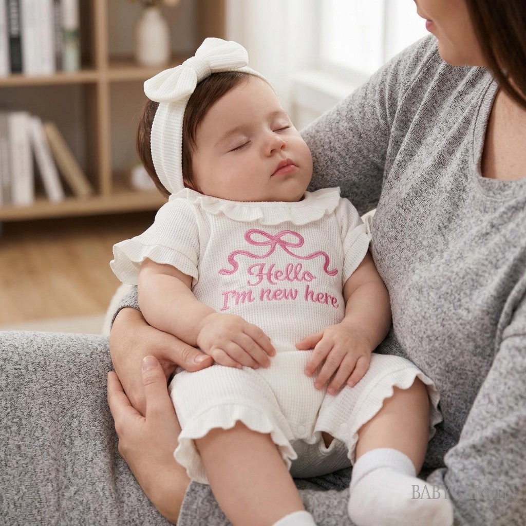 Bé Sơ Sinh Bé Gái Nơ Thêu Tay Ngắn Cổ Tròn Áo Liền Quần Và Băng Đô