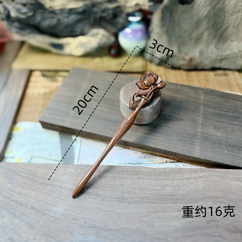 Kẹp tóc gỗ đàn hương khắc hoa sen cổ điển, phụ kiện tóc phong cách Trung Quốc mới